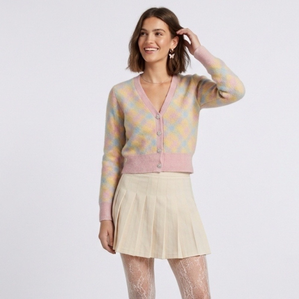 Zara Womens Pastel Argyle Cropped Cardigan Rhinestone Flower Buttons Pink Small